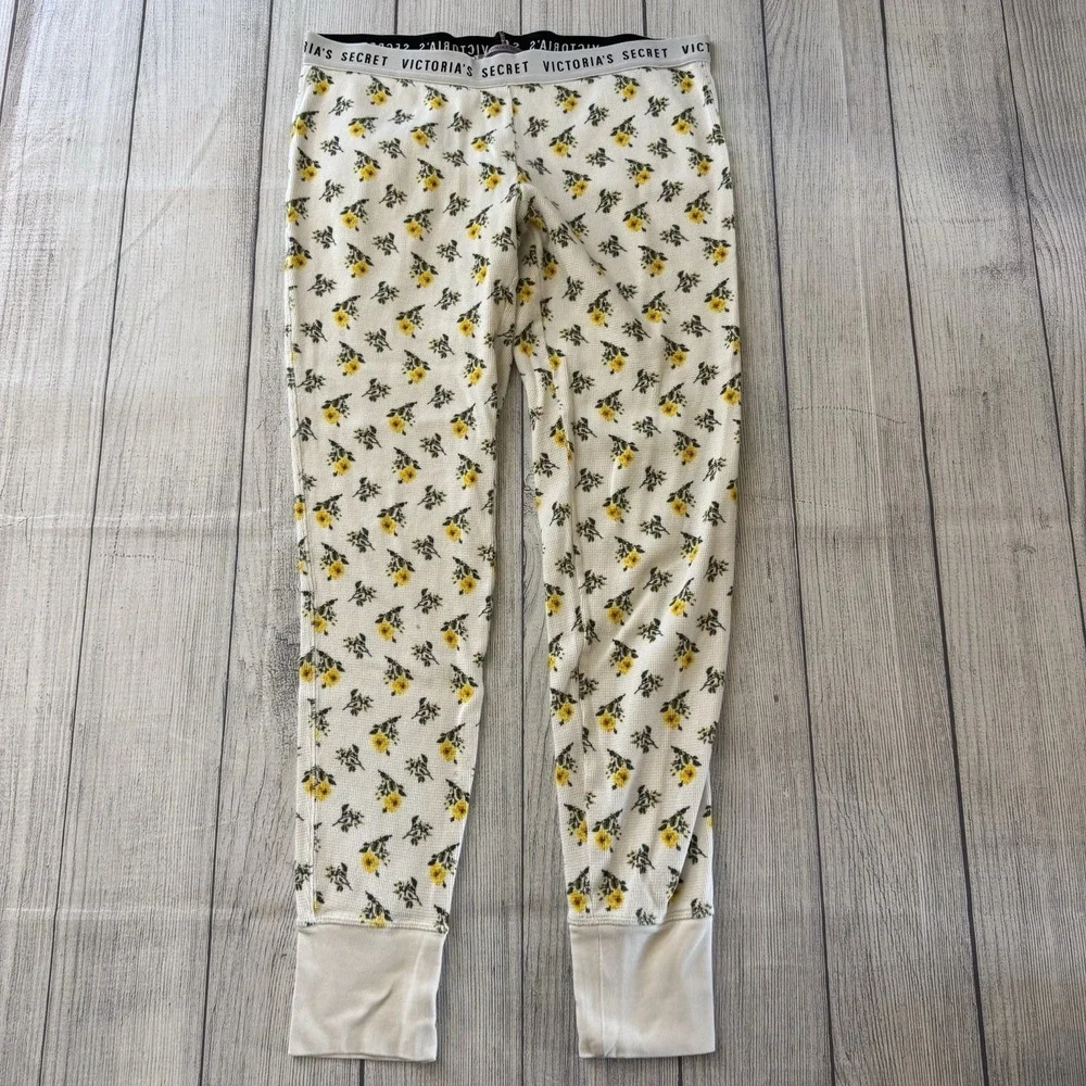 Victoria's Secret Floral Thermal Pajama Set Women's Cream Yellow Waffle Knit S